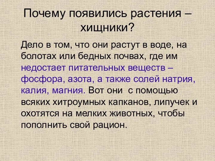 Почему появились растения – хищники? Дело в том, что они