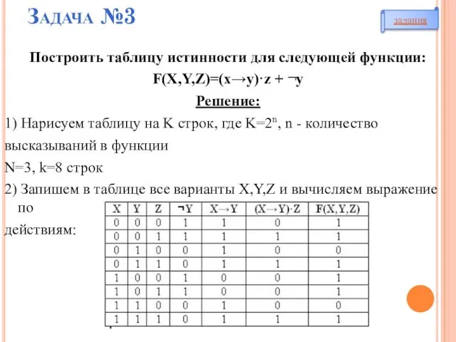 Задача №3 Построить таблицу истинности для следующей функции: F(X,Y,Z)=(x→y)·z +