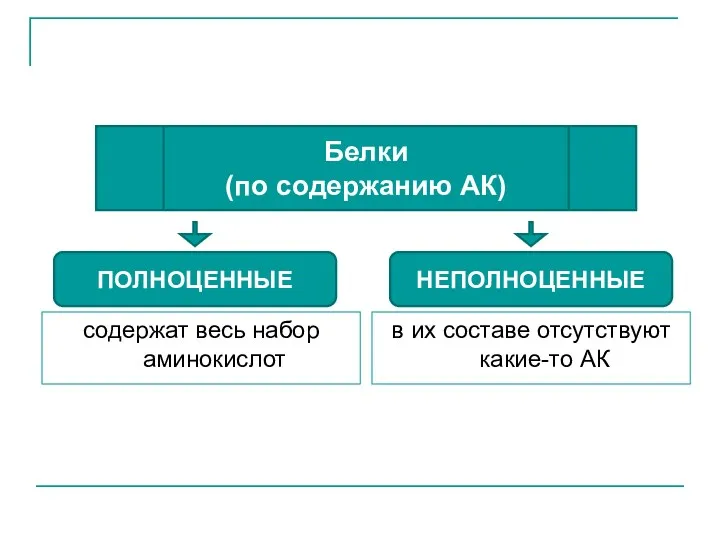 содержат весь набор аминокислот в их составе отсутствуют какие-то АК ПОЛНОЦЕННЫЕ НЕПОЛНОЦЕННЫЕ Белки (по содержанию АК)