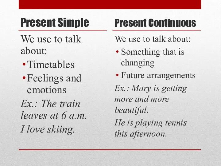 Present Simple We use to talk about: Timetables Feelings and