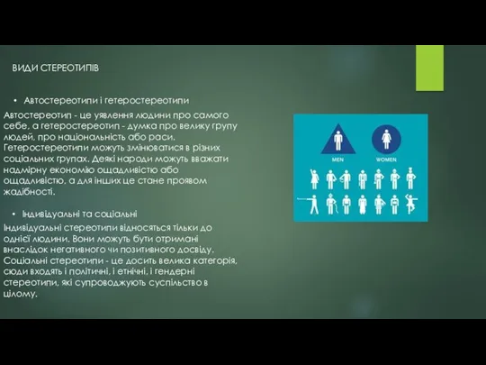 ВИДИ СТЕРЕОТИПІВ Автостереотипи і гетеростереотипи Автостереотип - це уявлення людини