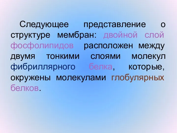 Следующее представление о структуре мембран: двойной слой фосфолипидов расположен между