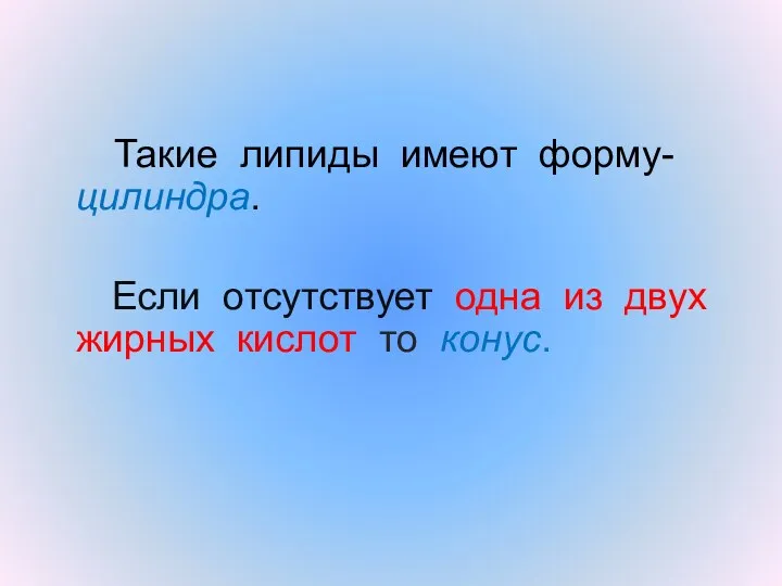 Такие липиды имеют форму- цилиндра. Если отсутствует одна из двух жирных кислот то конус.