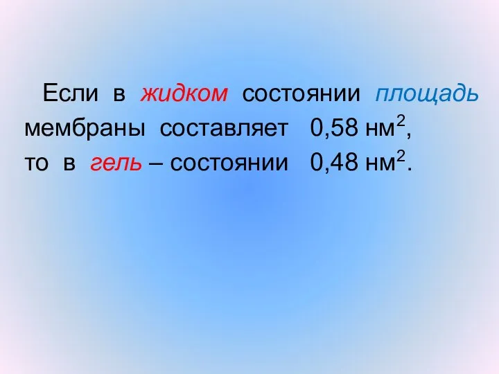 Если в жидком состоянии площадь мембраны составляет 0,58 нм2, то в гель – состоянии 0,48 нм2.