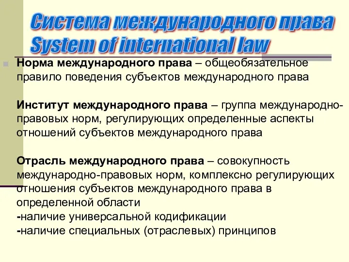 Норма международного права – общеобязательное правило поведения субъектов международного права