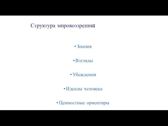 Структура мировоззрения: Знания Взгляды Убеждения Идеалы человека Ценностные ориентиры