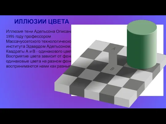 ИЛЛЮЗИИ ЦВЕТА Иллюзия тени Адельсона Описана в 1995 году профессором