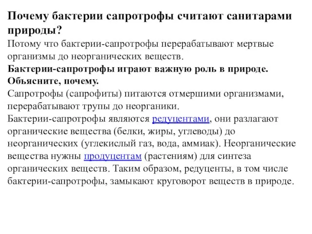 Почему бактерии сапротрофы считают санитарами природы? Потому что бактерии-сапротрофы перерабатывают