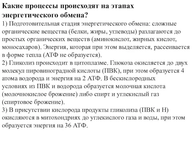 Какие процессы происходят на этапах энергетического обмена? 1) Подготовительная стадия