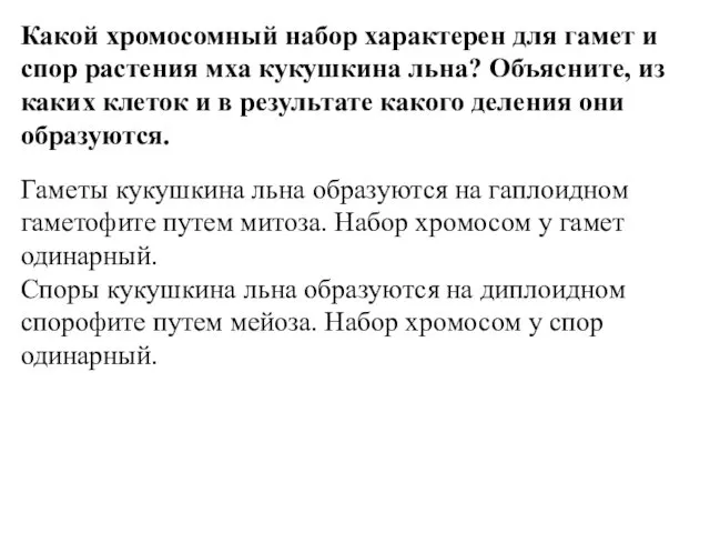 Какой хромосомный набор характерен для гамет и спор растения мха