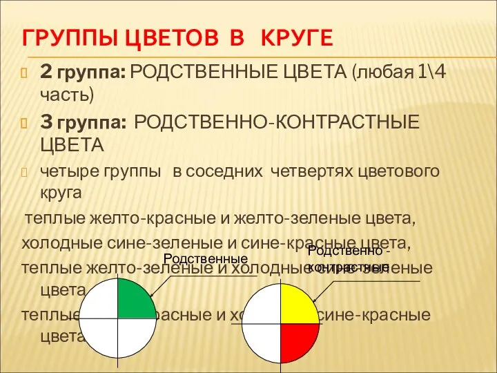 ГРУППЫ ЦВЕТОВ В КРУГЕ 2 группа: РОДСТВЕННЫЕ ЦВЕТА (любая 1\4 часть) 3 группа: