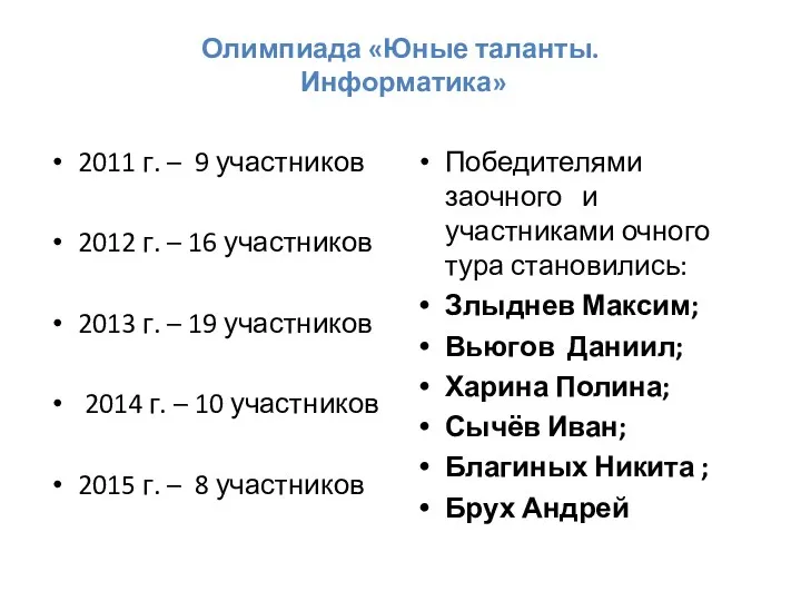 Олимпиада «Юные таланты. Информатика» 2011 г. – 9 участников 2012