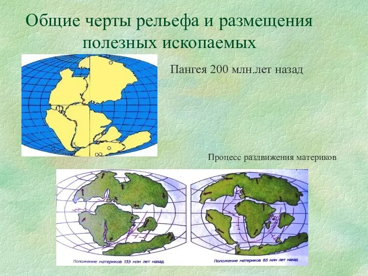 Общие черты рельефа и размещения полезных ископаемых Пангея 200 млн.лет назад Процесс раздвижения материков