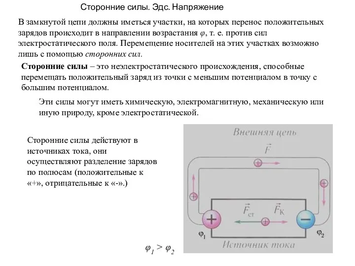 Сторонние силы. Эдс. Напряжение В замкнутой цепи должны иметься участки,