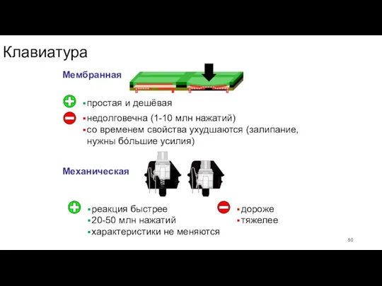 Клавиатура Мембранная Механическая простая и дешёвая недолговечна (1-10 млн нажатий)