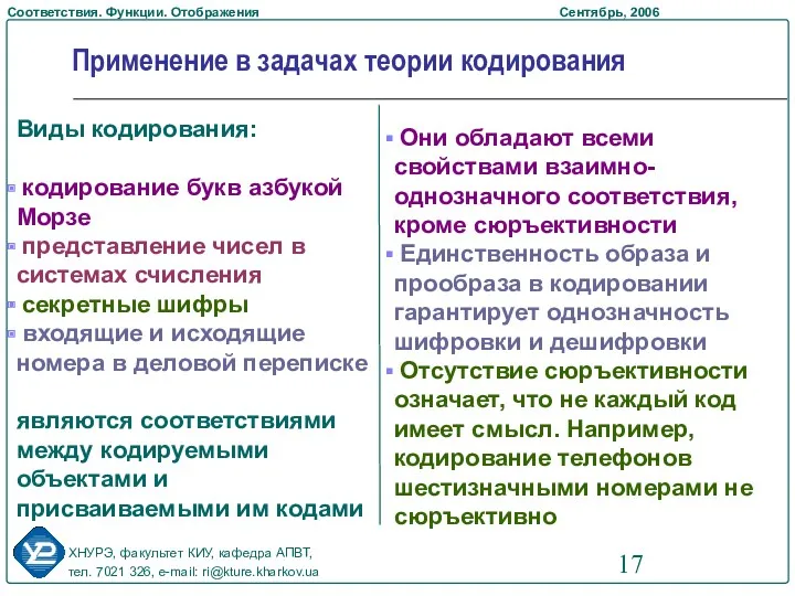 Применение в задачах теории кодирования Виды кодирования: кодирование букв азбукой