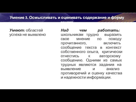 Умение 3. Осмысливать и оценивать содержание и форму текста Умеют: