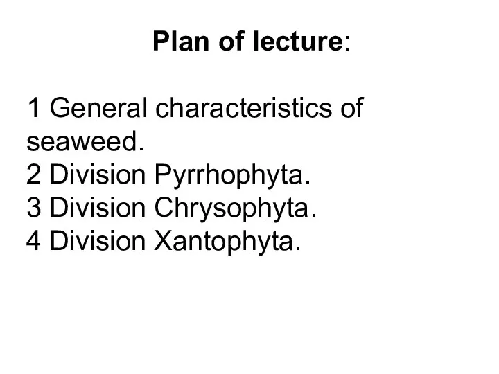 Plan of lecture: 1 General characteristics of seaweed. 2 Division