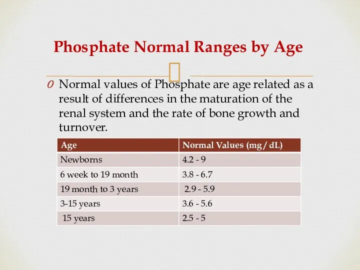 Phosphate Normal Ranges by Age Normal values of Phosphate are