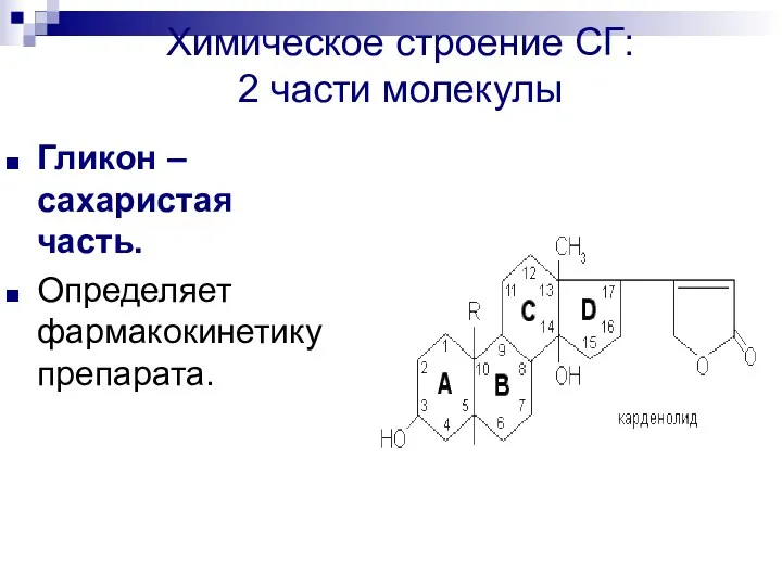 Химическое строение СГ: 2 части молекулы Гликон – сахаристая часть. Определяет фармакокинетику препарата.