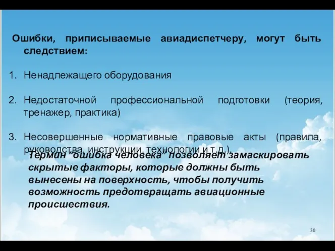 Ошибки, приписываемые авиадиспетчеру, могут быть следствием: Ненадлежащего оборудования Недостаточной профессиональной