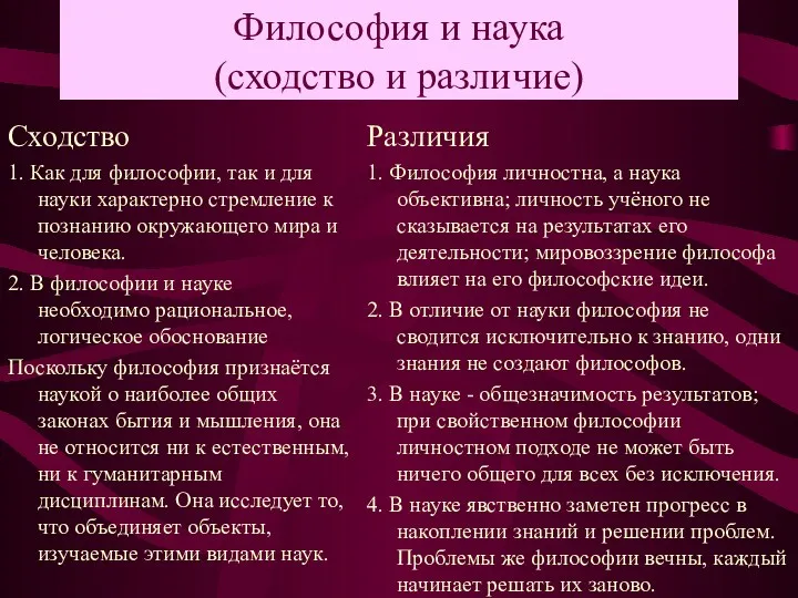 Философия и наука (сходство и различие) Сходство 1. Как для