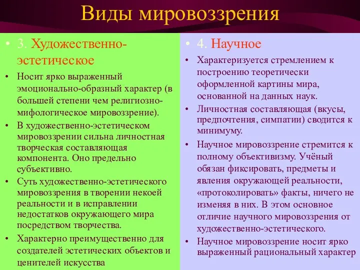 Виды мировоззрения 3. Художественно-эстетическое Носит ярко выраженный эмоционально-образный характер (в