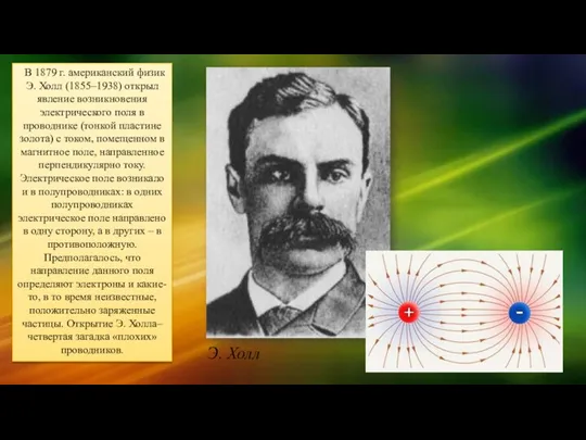 В 1879 г. американский физик Э. Холл (1855–1938) открыл явление