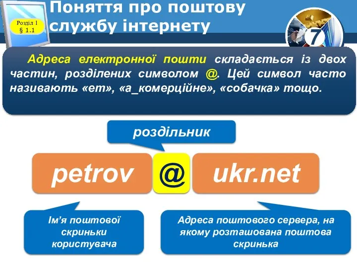 Поняття про поштову службу інтернету www.teach-inf.at.ua Адреса електронної пошти складається