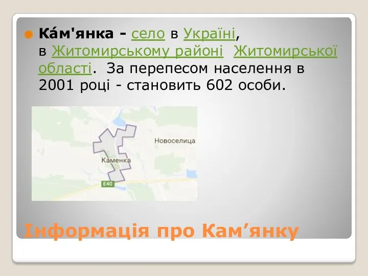 Інформація про Кам’янку Ка́м'янка - село в Україні, в Житомирському