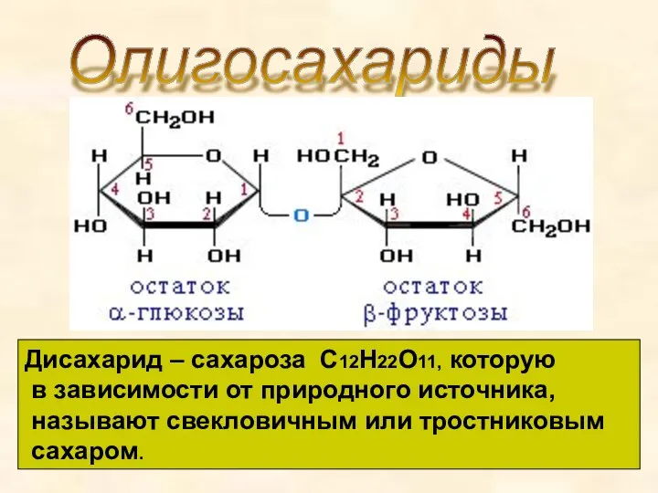 Олигосахариды Дисахарид – сахароза С12Н22О11, которую в зависимости от природного источника, называют свекловичным или тростниковым сахаром.