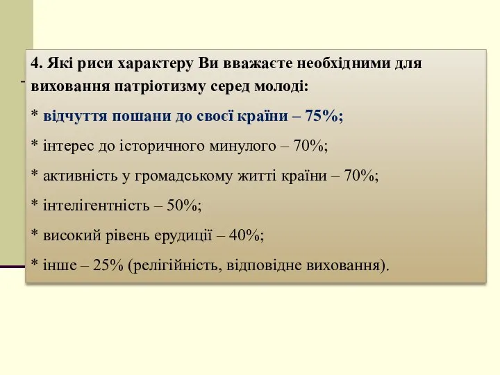 4. Які риси характеру Ви вважаєте необхідними для виховання патріотизму