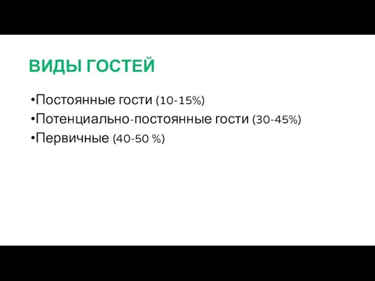 ВИДЫ ГОСТЕЙ Постоянные гости (10-15%) Потенциально-постоянные гости (30-45%) Первичные (40-50 %)