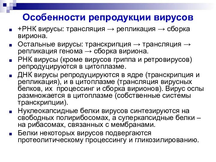 Особенности репродукции вирусов +РНК вирусы: трансляция → репликация → сборка