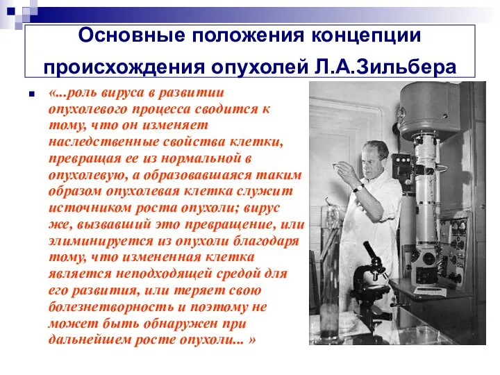 Основные положения концепции происхождения опухолей Л.А.Зильбера «...роль вируса в развитии