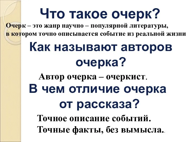 Что такое очерк? Как называют авторов очерка? Очерк – это