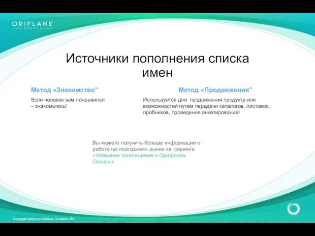 Метод «Знакомство" Если человек вам понравился – знакомьтесь! Метод «Продвижения"