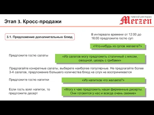 Этап 3. Кросс-продажи 3.1. Предложение дополнительных блюд Предложите гостю салаты