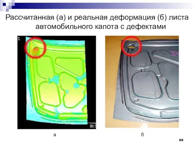 Рассчитанная (а) и реальная деформация (б) листа автомобильного капота с дефектами