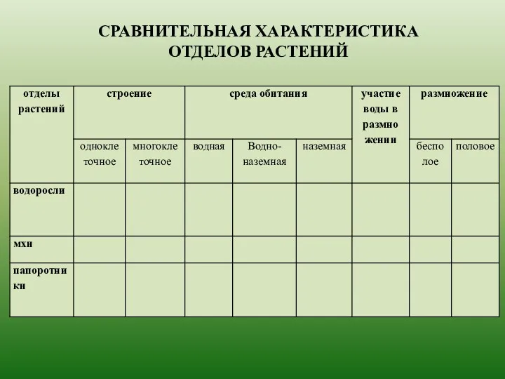 СРАВНИТЕЛЬНАЯ ХАРАКТЕРИСТИКА ОТДЕЛОВ РАСТЕНИЙ