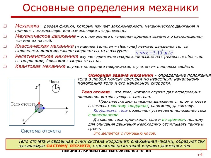 Лекция 1. Кинематика материальной точки Механика – раздел физики, который