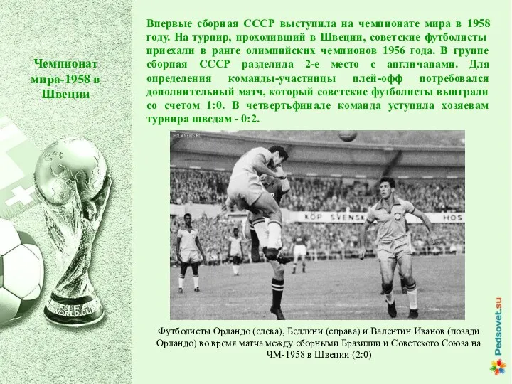 Впервые сборная СССР выступила на чемпионате мира в 1958 году. На турнир, проходивший