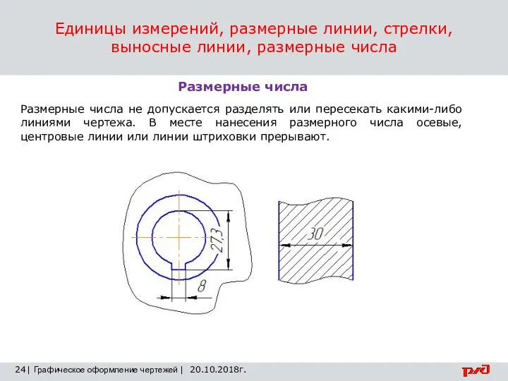 Единицы измерений, размерные линии, стрелки, выносные линии, размерные числа 24