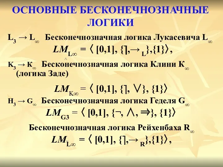 ОСНОВНЫЕ БЕСКОНЕЧНОЗНАЧНЫЕ ЛОГИКИ L3 → L∞ Бесконечнозначная логика Лукасевича L∞