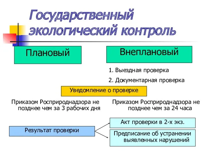 Государственный экологический контроль Плановый Внеплановый 2. Документарная проверка 1. Выездная