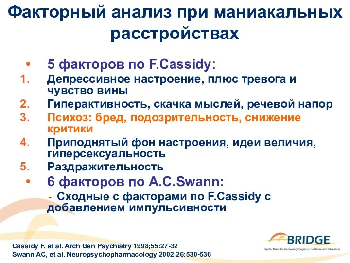 Факторный анализ при маниакальных расстройствах 5 факторов по F.Cassidy: Депрессивное