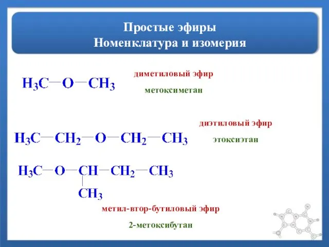 Простые эфиры Номенклатура и изомерия диметиловый эфир метоксиметан метил-втор-бутиловый эфир 2-метоксибутан диэтиловый эфир этоксиэтан