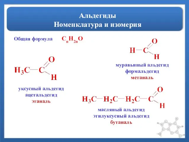 Альдегиды Номенклатура и изомерия Общая формула CnH2nO муравьиный альдегид формальдегид метаналь уксусный альдегид