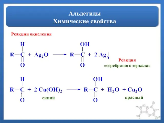 Альдегиды Химические свойства Реакции окисления синий Реакция «серебряного зеркала» красный