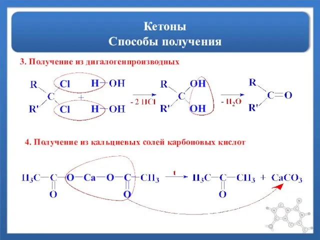 Кетоны Способы получения 3. Получение из дигалогенпроизводных 4. Получение из кальциевых солей карбоновых кислот